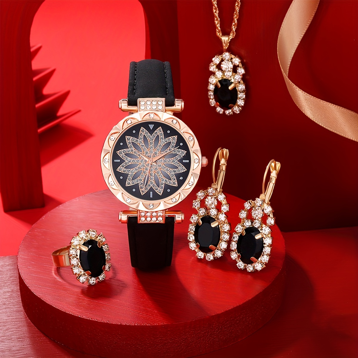 Luxury Watch Gift For Her - Lüks Rhinestone Kuvars Saat Parlak Çiçekli